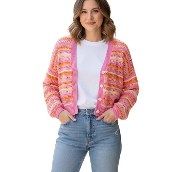 Denim Tom Tailor Sweaters - Denim Tom Tailor Cropped Cardigan Women Medium Pink Cotton Knit Sweater Workwear